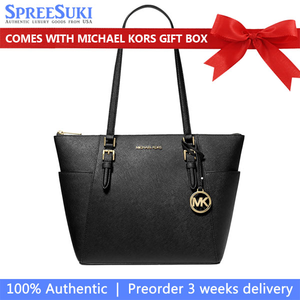 Michael Kors Tote Charlotte Leather Large Top Zip Tote Shoulder Bag Black # 35T0GCFT7L