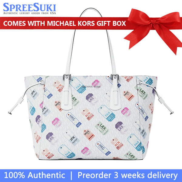Michael Kors Voyager Large Printed Signature Logo Tote Bag Optic White # 35R6SV6T7V