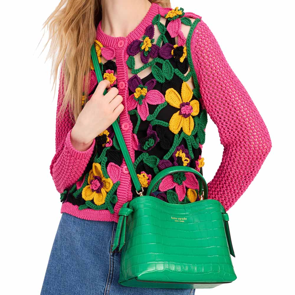 Kate Spade Knott Croc-Embossed Medium Top-Handle Bag Leafy Green Dark Green # KH015