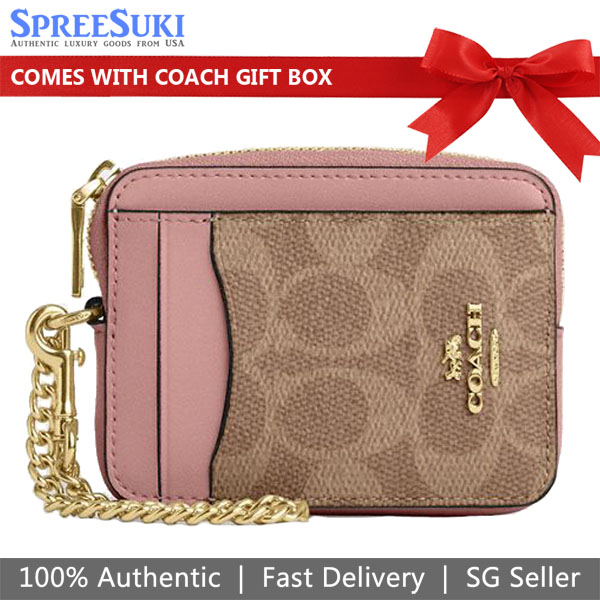 Coach Zip Card Case Signature Card Holder Tan Pink Petal # CW883
