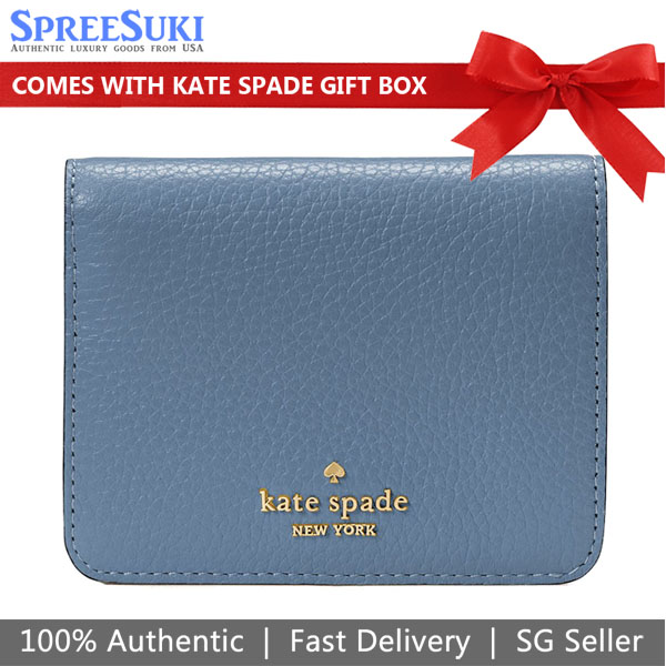 Kate Spade Small Wallet Lena Pebbled Leather Small Slim Bifold Wallet Bluestone # KH788