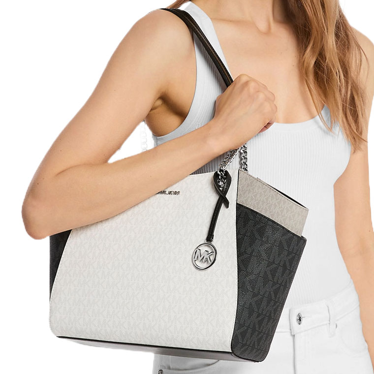 Michael Kors Jet Set Large Color-Block Signature Logo Shoulder Bag Optic White Multi Off White # 35S5STVE3B