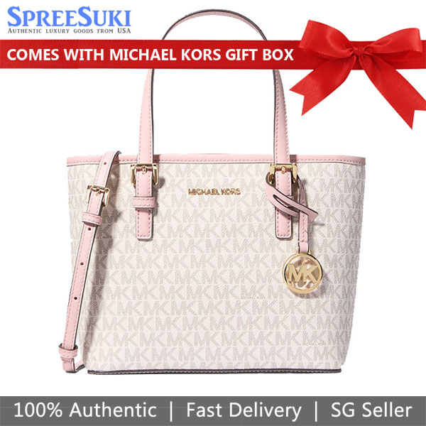 Michael Kors Crossbody Bag Sling Jet Set Travel Xs Carryall Convertible Top Zip Tote Powder Blush Multi Light pink # 35T9GTVT0B