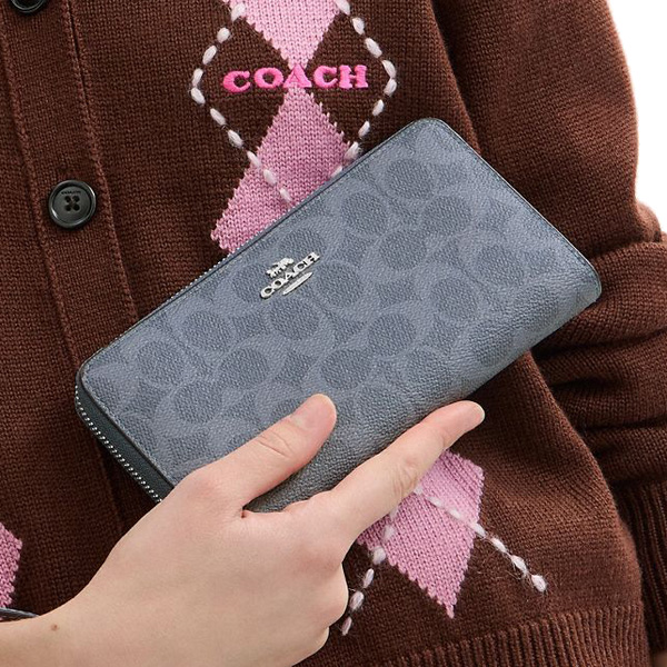 Coach Long Wallet Long Zip Around Wallet Signature Canvas Silver Chambray Blue # CW778