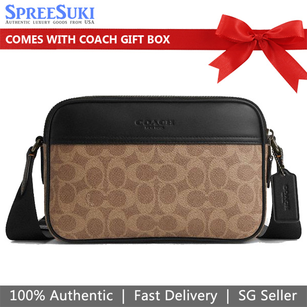 Coach Graham Crossbody Bag In Signature Canvas Tan Black Light Brown # CV921