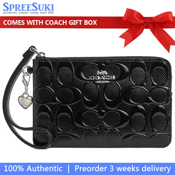 Coach Corner Zip Wristlet In Signature Leather With Heart Charm Silver Black # CDY96