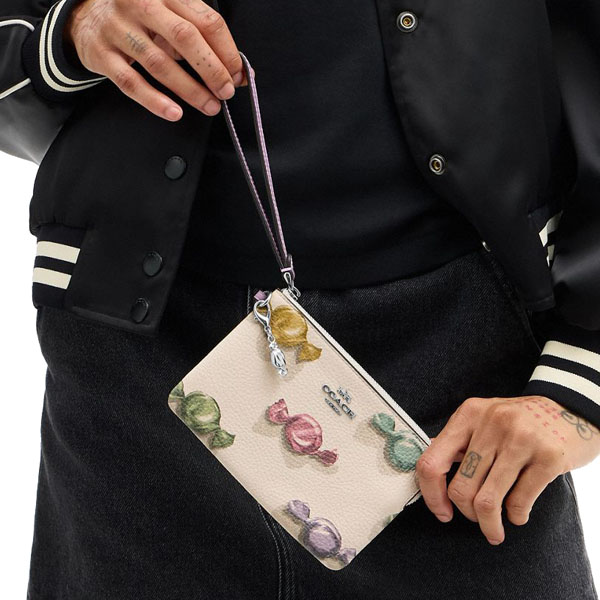 Coach Corner Zip Wristlet With Candy Print And Charm Silver Off White # CDF34
