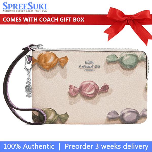 Coach Corner Zip Wristlet With Candy Print And Charm Silver Off White # CDF34