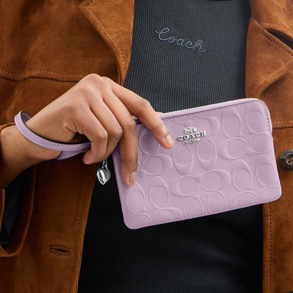 Coach Corner Zip Wristlet In Signature Leather With Heart Charm Silver Light Violet Light Purple # CDF04