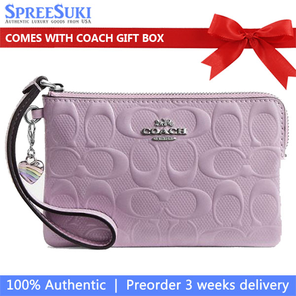 Coach Corner Zip Wristlet In Signature Leather With Heart Charm Silver Light Violet Light Purple # CDF04