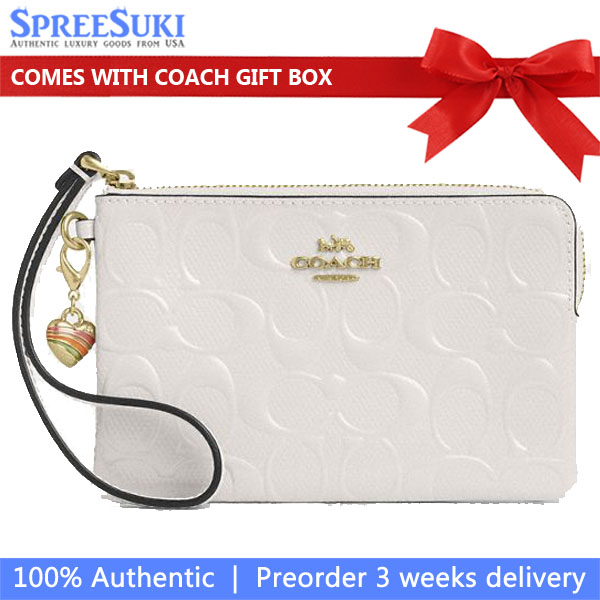 Coach Corner Zip Wristlet In Signature Leather With Heart Charm Chalk Off White # CDF04