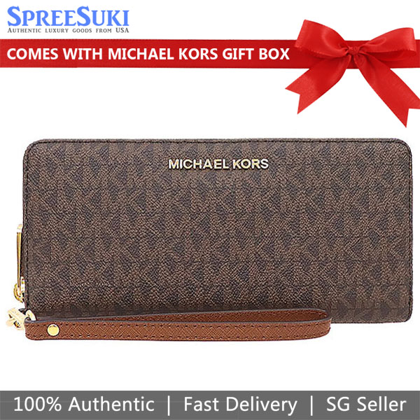 Michael Kors Long Wallet Jet Set Continental Wristlet Wallet Brown Acorn # 35F8GTVT3B
