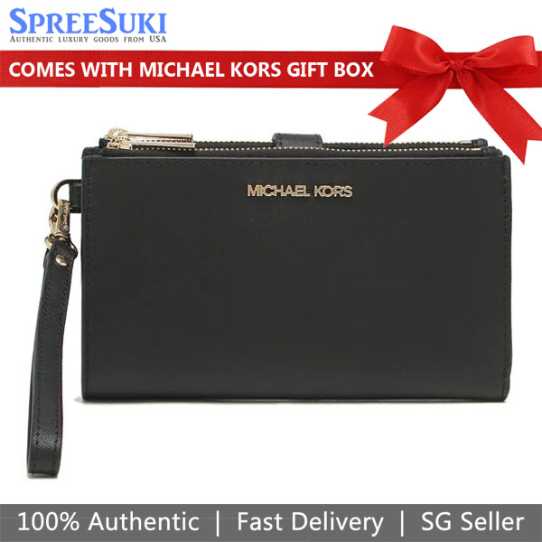 Michael Kors Long Wallet Jet Set Travel Large Double Zip Wristlet Black # 35F8GTVW0L