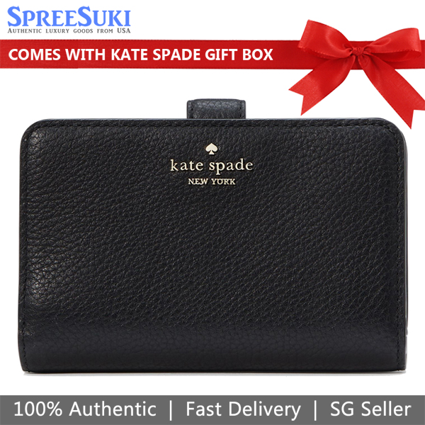 Kate Spade Medium Wallet Lena Pebbled Leather Medium Compact Bifold Wallet Black # KH787