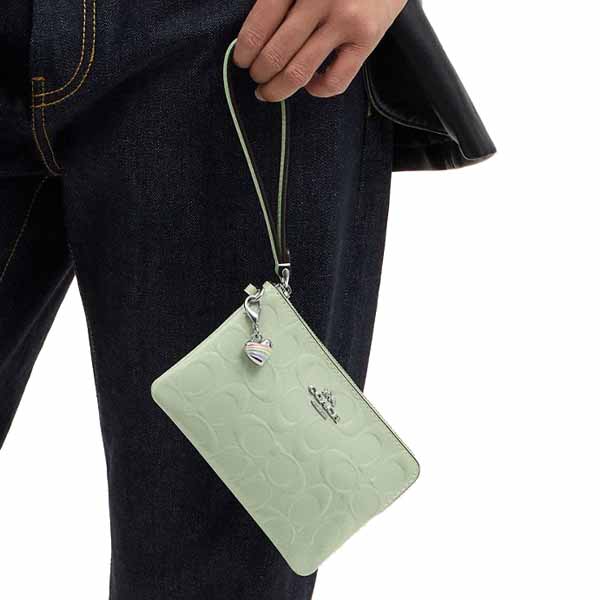 Coach Corner Zip Wristlet In Signature Leather With Heart Charm Silver Pale Green Light green # CDF04