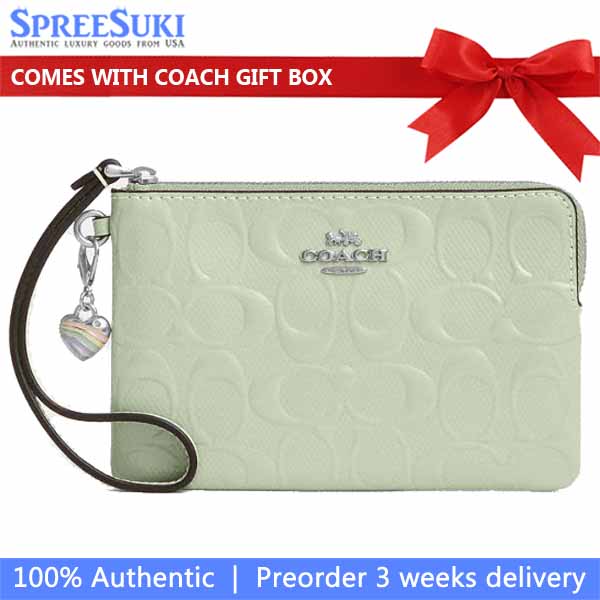 Coach Corner Zip Wristlet In Signature Leather With Heart Charm Silver Pale Green Light green # CDF04