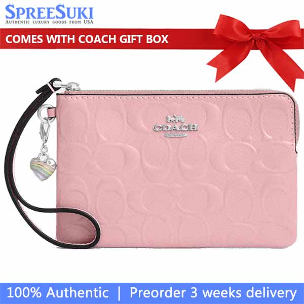 Coach Corner Zip Wristlet In Signature Leather With Heart Charm Silver Pink Light pink # CDF04