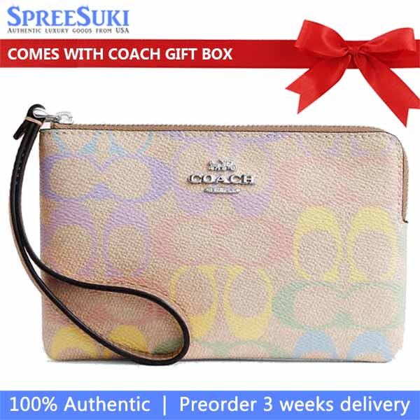 Coach Corner Zip Wristlet In Rainbow Signature Canvas Silver Sand Multi Beige # CDF28