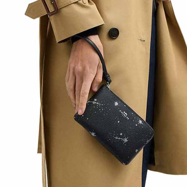 Coach Corner Zip Wristlet With Star Print Silver Black Multi # CCK76