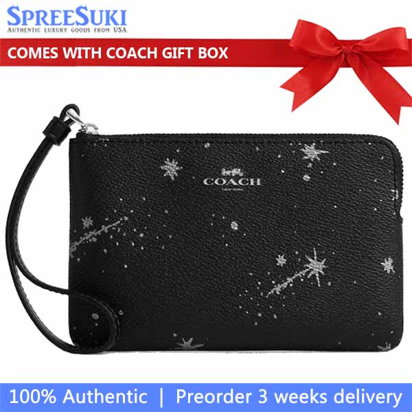 Coach Corner Zip Wristlet With Star Print Silver Black Multi # CCK76