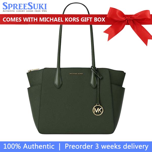 Michael Kors Marilyn Medium Saffiano Leather Tote Bag Moss Dark Green # 35F5G6AT2L