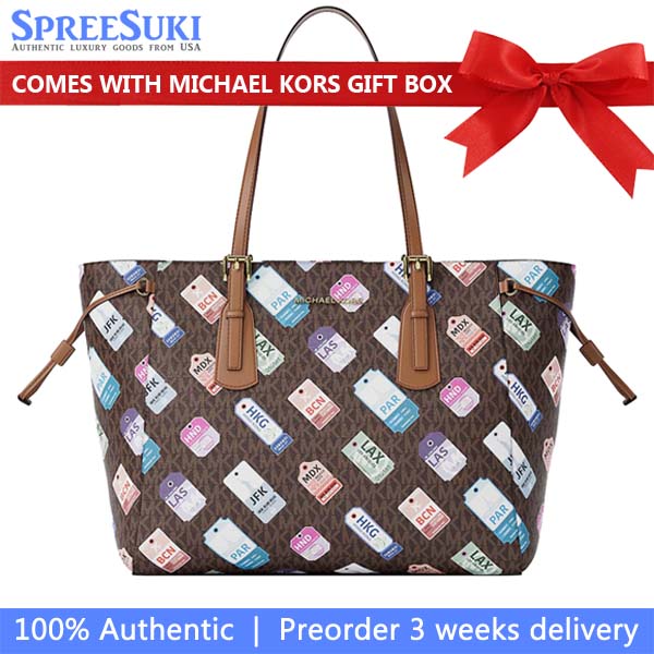 Michael Kors Voyager Large Printed Signature Logo Tote Bag Brown # 35R6GV6T7V