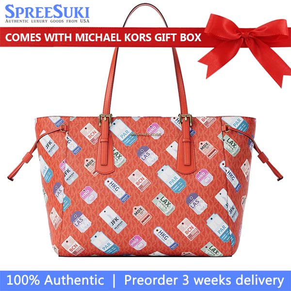 Michael Kors Voyager Large Printed Signature Logo Tote Bag Dark Sangria Orange # 35R6GV6T7V