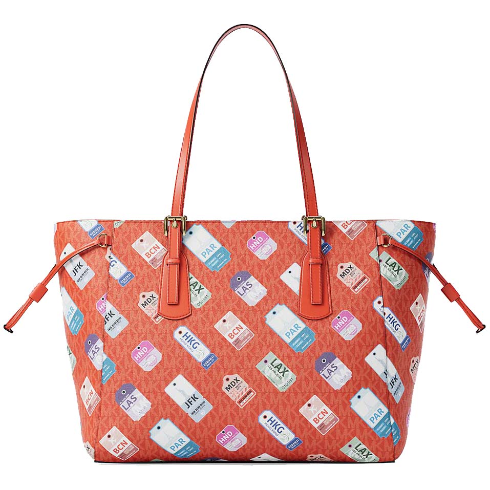 Michael Kors Voyager Large Printed Signature Logo Tote Bag Dark Sangria Orange # 35R6GV6T7V