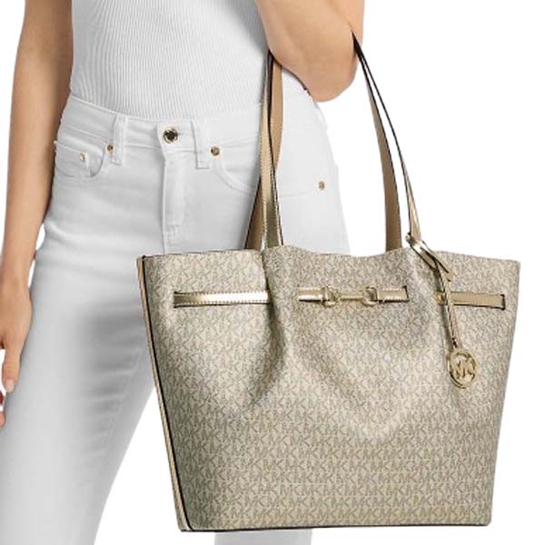 Michael Kors Carson Large Metallic Signature Logo Tote Bag Pale Gold # 35R6G2ZT3O