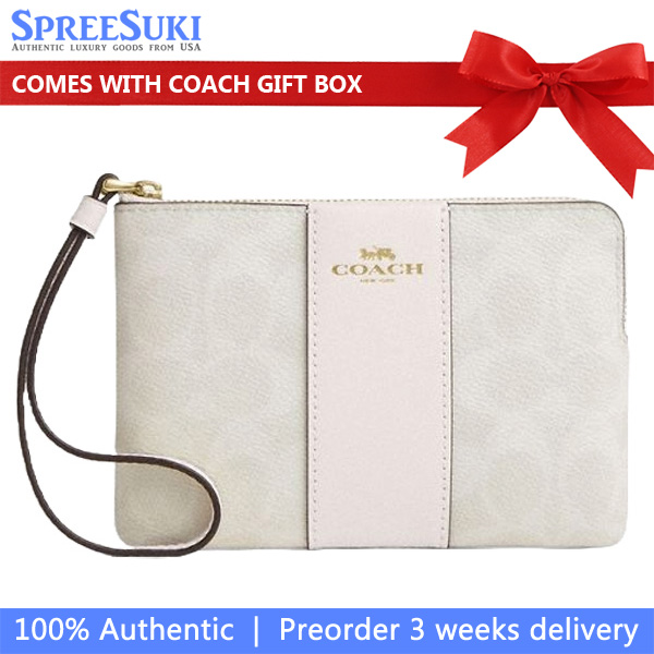 Coach Small Wristlet Corner Zip Signature Leather Stripe White Chalk # CW854