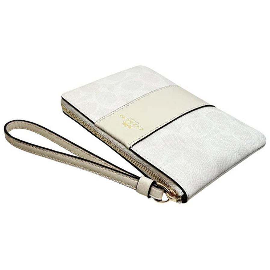 Coach Small Wristlet Corner Zip Signature Leather Stripe White Chalk # CW854