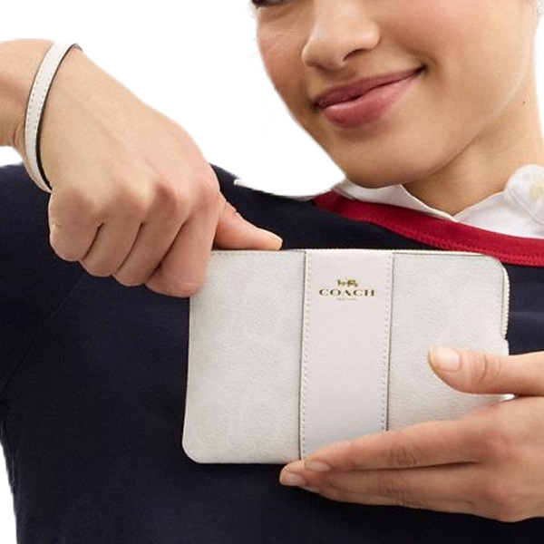 Coach Small Wristlet Corner Zip Signature Leather Stripe White Chalk # CW854