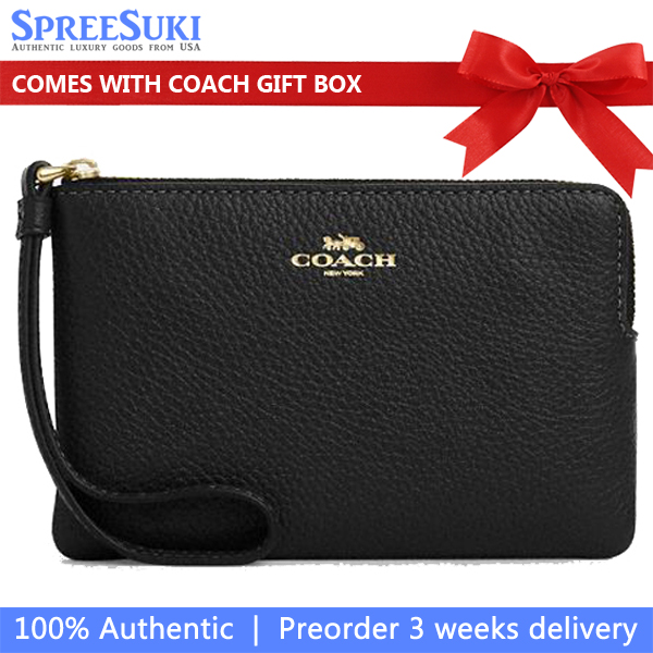 Coach Small Wristlet Pebbled Leather Corner Zip Wristlet Black # CP483