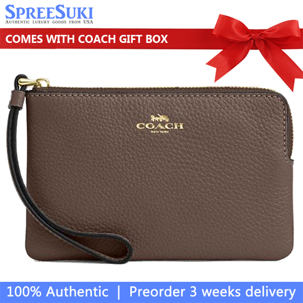 Coach Small Wristlet Pebbled Leather Corner Zip Wristlet Pouch Dark Stone Dark Brown # CP483
