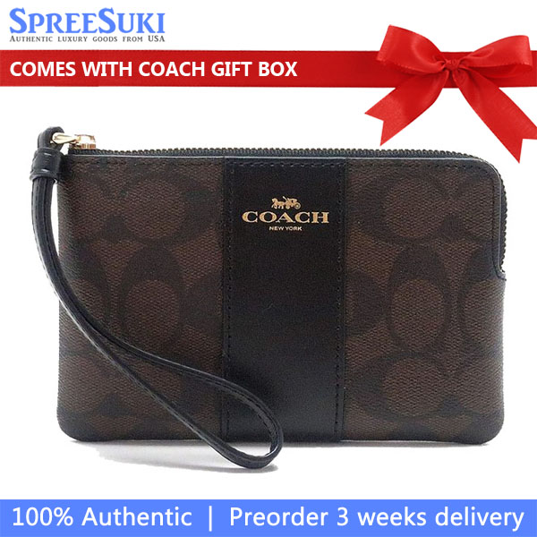 Coach Small Wristlet Corner Zip Signature Leather Stripe Walnut Brown Black Dark Brown # CW854
