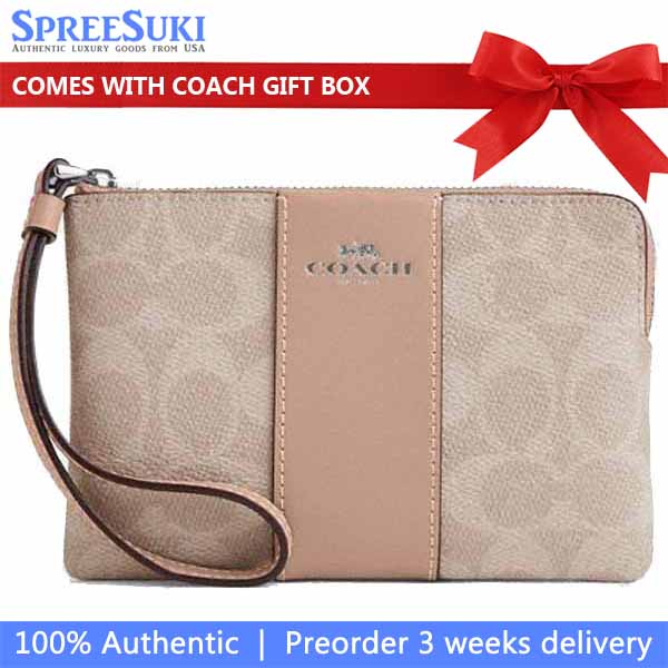 Coach Small Wristlet Corner Zip Signature Leather Stripe Sand Taupe Beige # CW854