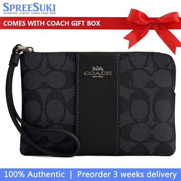 Coach Small Wristlet Corner Zip Wristlet In Signature Canvas With Stripe Gunmetal Charcoal Black # CW854