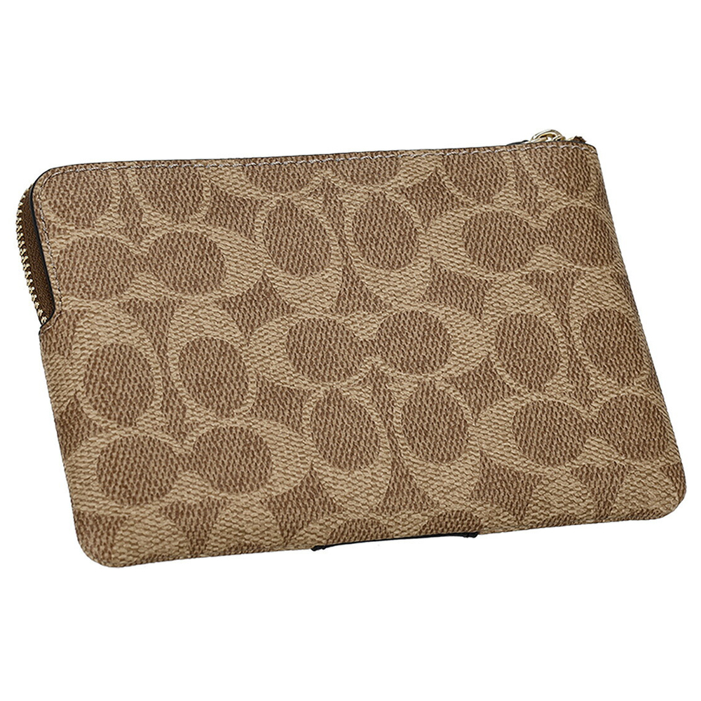 Coach Small Wristlet Corner Zip Signature Leather Stripe Tan Black Brown # CW854