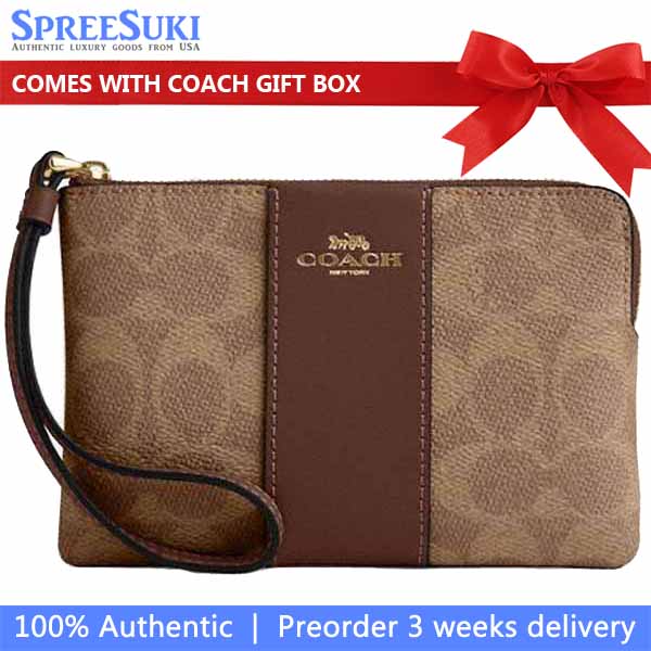 Coach Small Wristlet Corner Zip Signature Leather Stripe Tan Brown # CW854