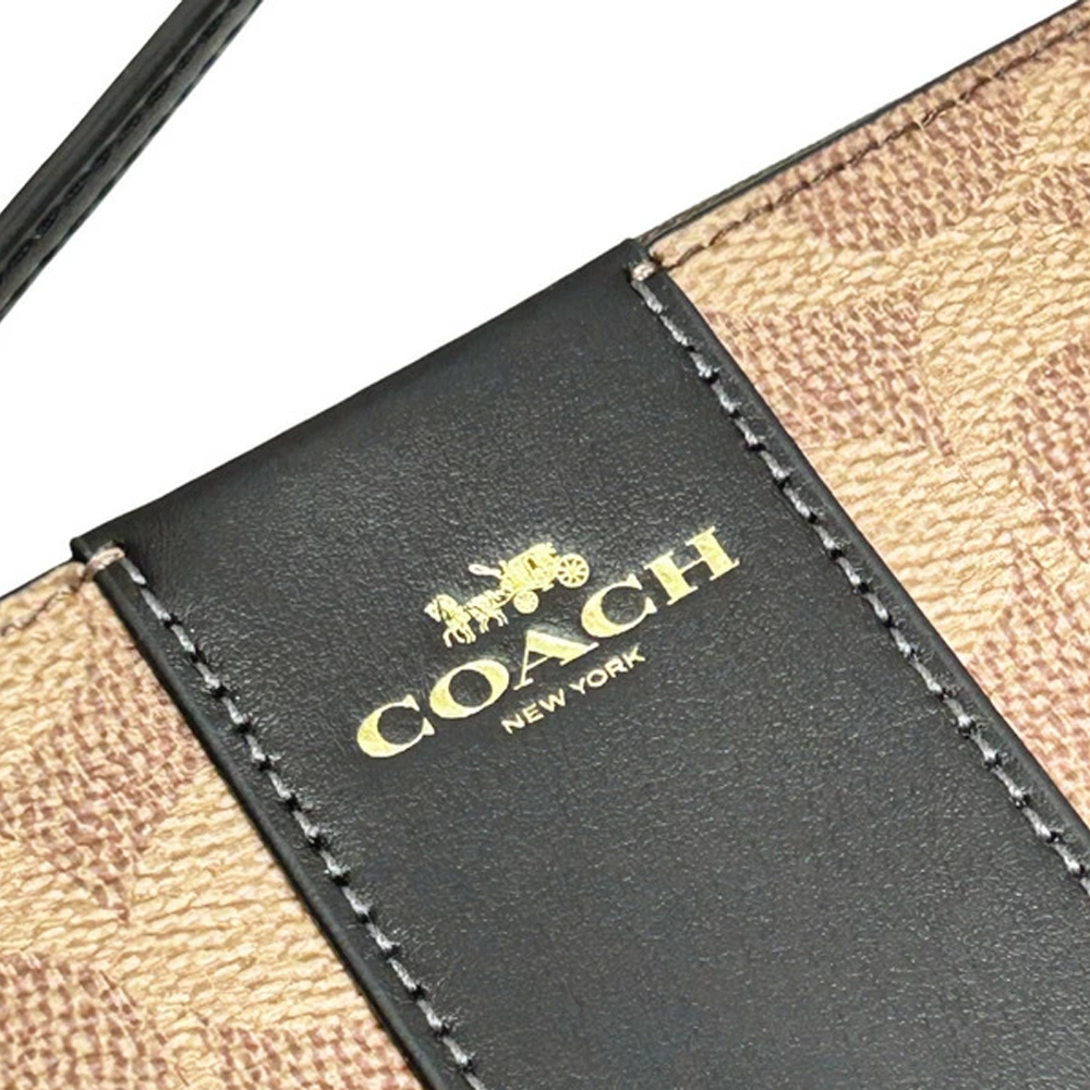 Coach Small Wristlet Corner Zip Signature Leather Stripe Tan Black Brown # CW854