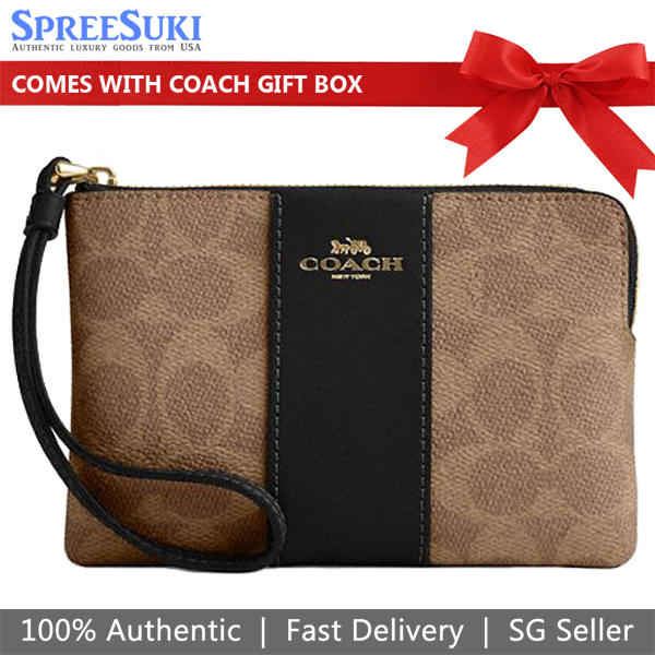 Coach Small Wristlet Corner Zip Signature Leather Stripe Tan Black Brown # CW854