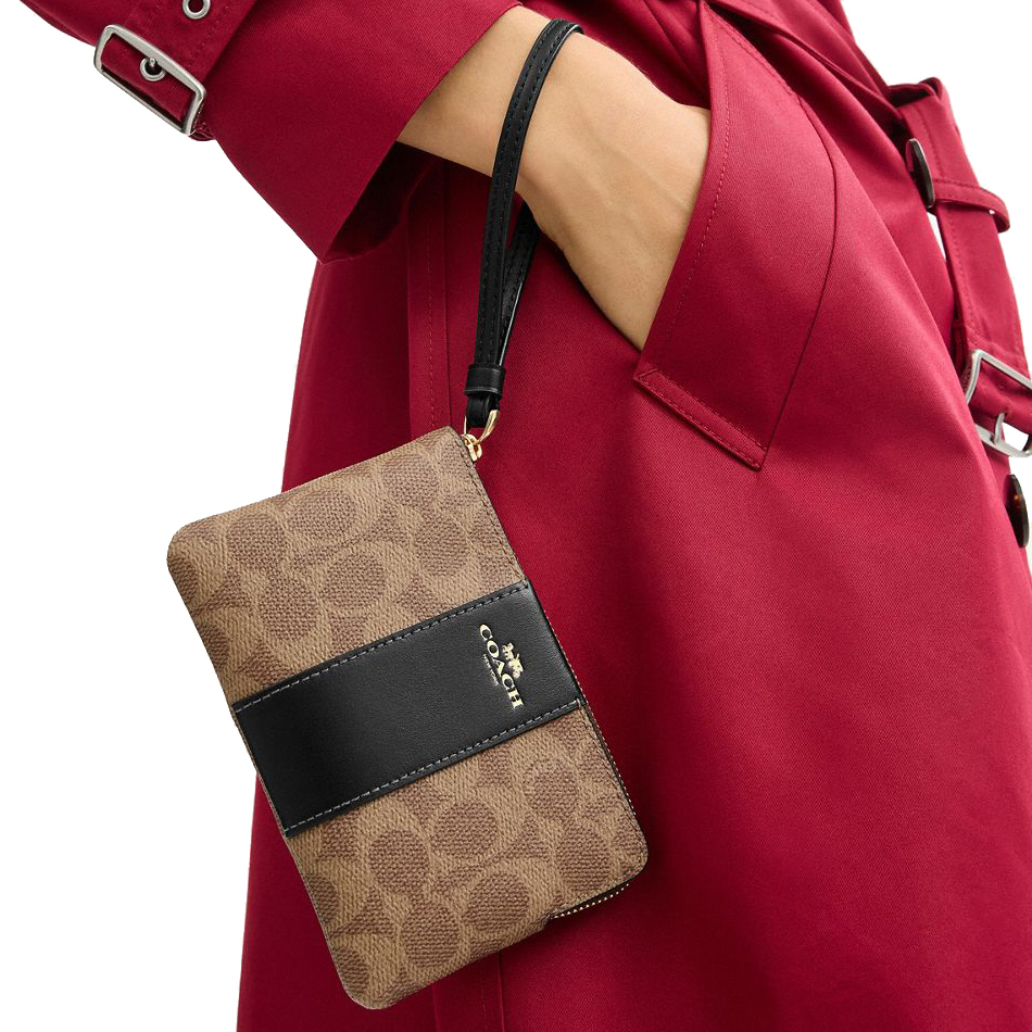 Coach Small Wristlet Corner Zip Signature Leather Stripe Tan Black Brown # CW854