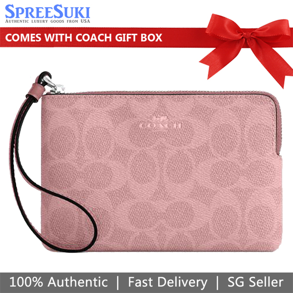 Coach Corner Zip Wristlet In Signature Canvas Dusty Pink # CAQ75