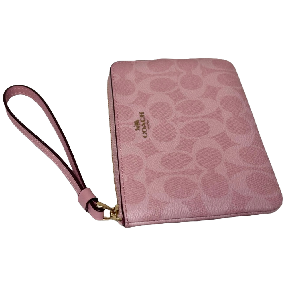 Coach Corner Zip Wristlet In Signature Canvas Dusty Pink # CAQ75