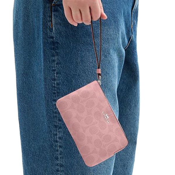 Coach Corner Zip Wristlet In Signature Canvas Dusty Pink # CAQ75