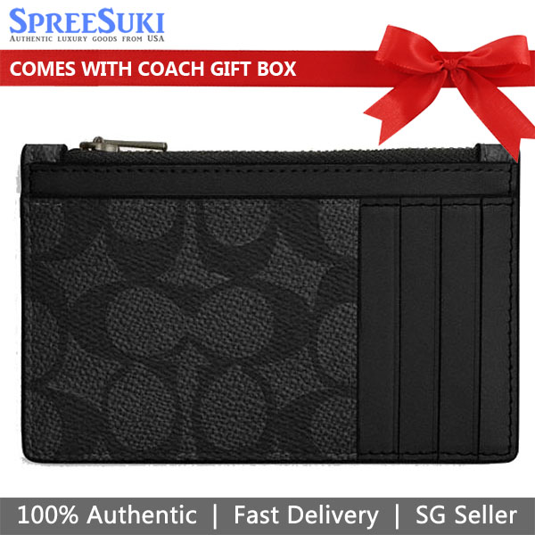 Coach Zip Card Case Signature Charcoal Black # CV764