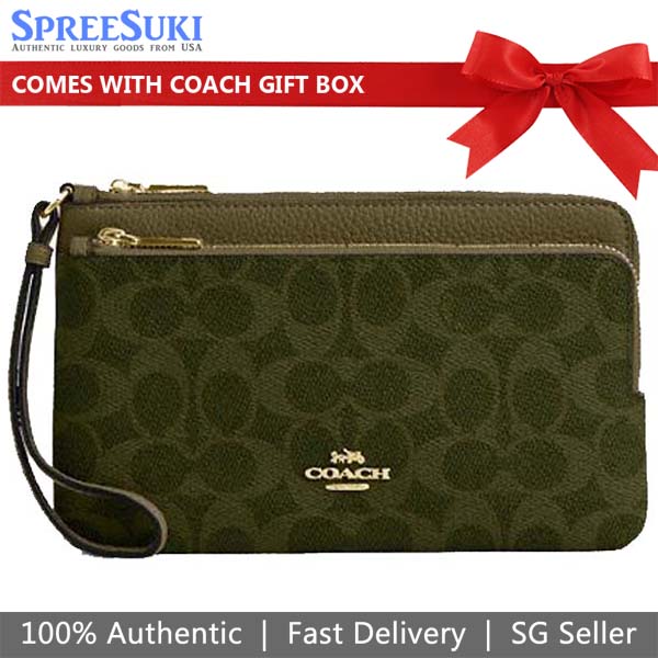 Coach Large Wristlet Double Zip Wallet Signature Canvas Olive Dark Green # CX161