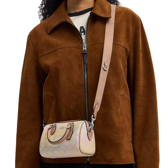 Coach Mini Rowan Crossbody Bag In Rainbow Signature Canvas Silver Sand Multi # CDC39