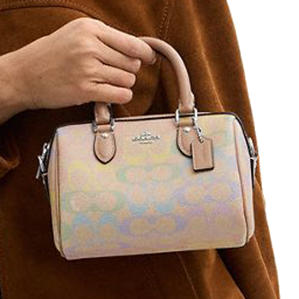 Coach Mini Rowan Crossbody Bag In Rainbow Signature Canvas Silver Sand Multi # CDC39