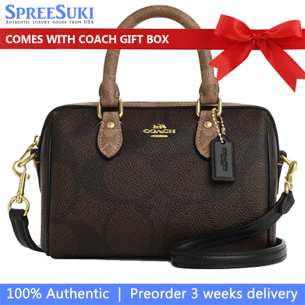 Coach Mini Rowan Crossbody Bag In Blocked Signature Canvas Walnut Tan Dark Brown # CAB16